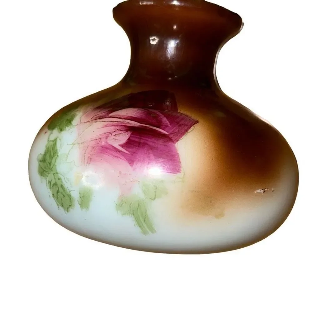 HAND PAINTED MILK GLASS VASE - Squat & Round Brown with Red Rose VINTAGE COUNTRY